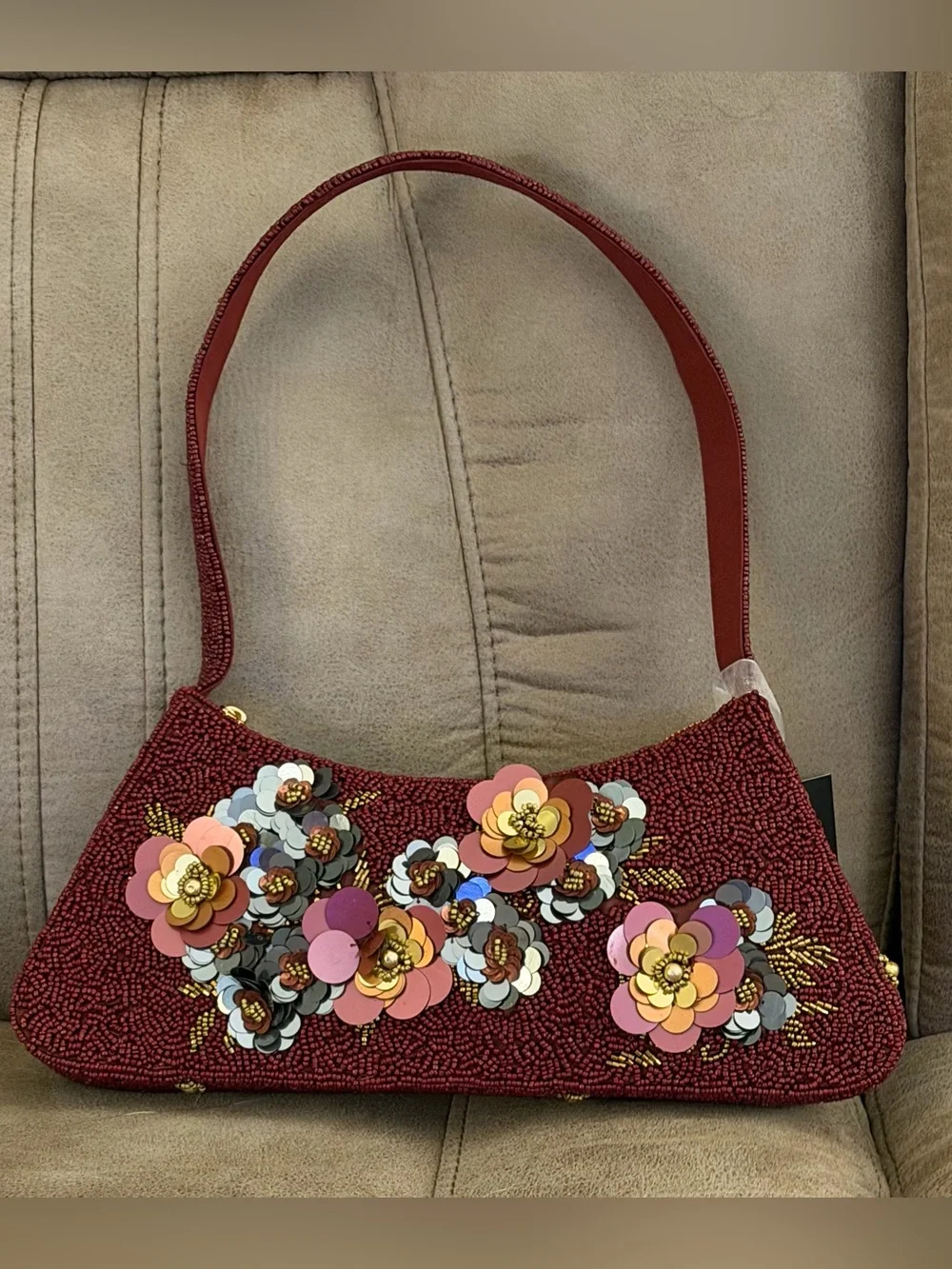 Burgundy Beaded Floral Applique Shoulder Bag